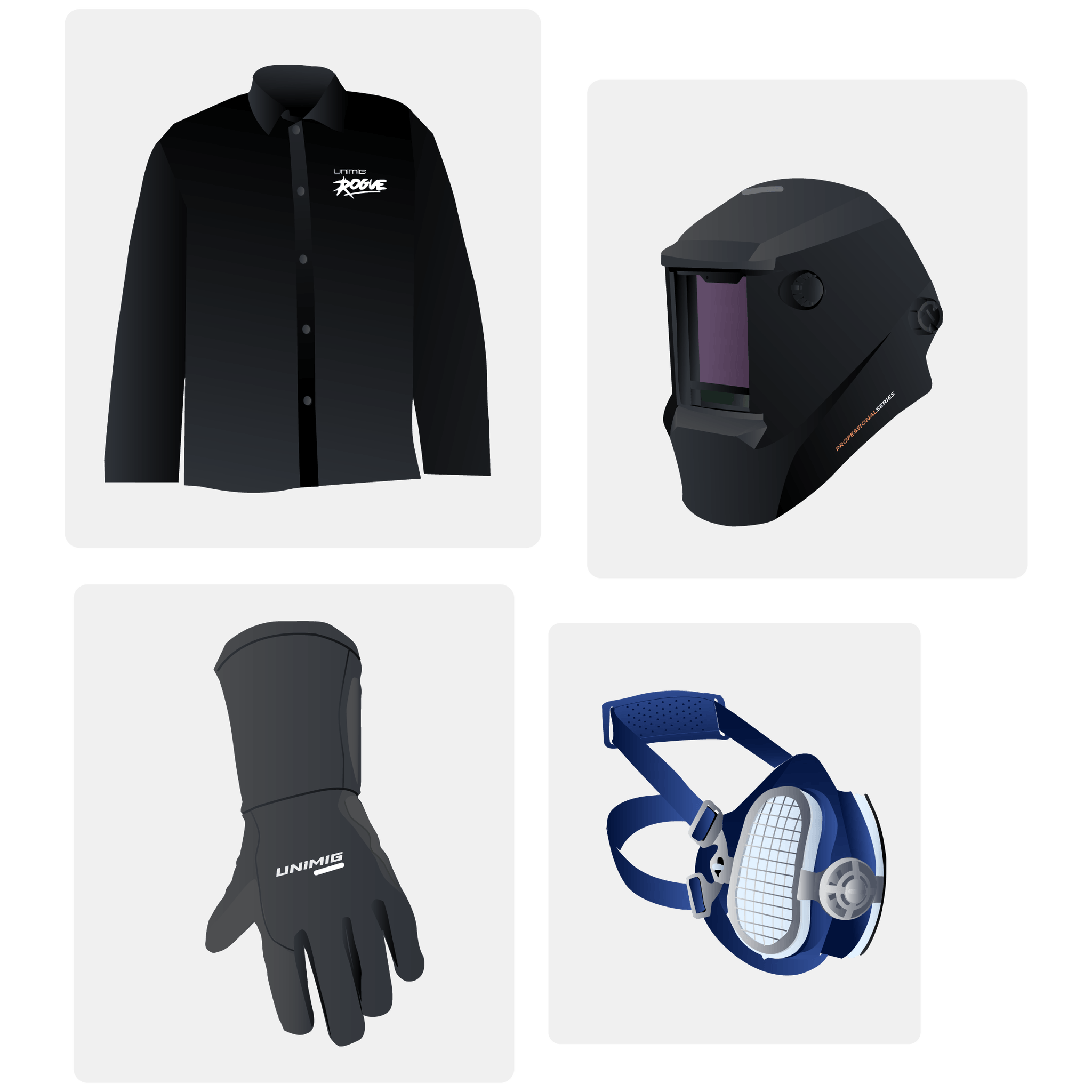 Safety gear grid with welding jacket, welding helmet, welding glove and respirator mask