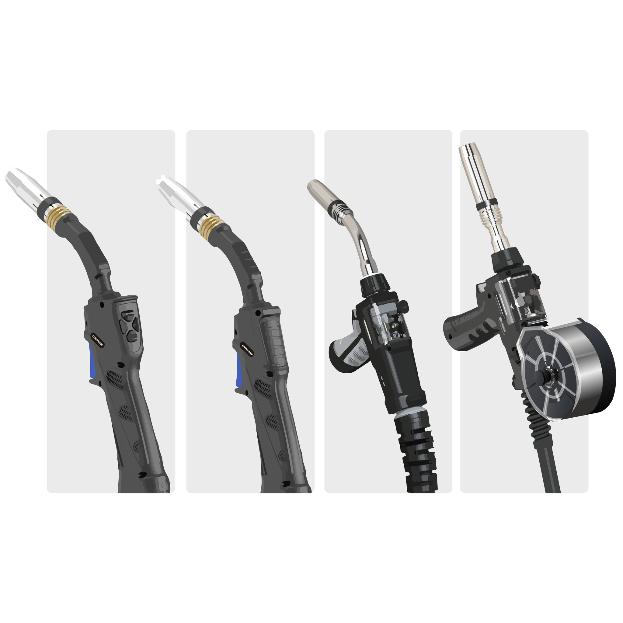 Line up of torches, from left to right, digital Binzel style MIG torch, standard Binzel style MIG torch, push-pull gun and spool gun, illustration