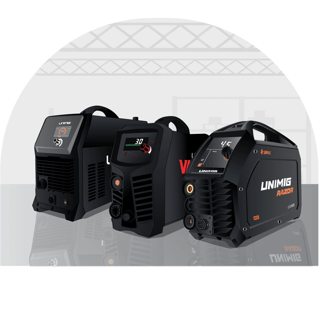 Line up of plasma cutter machines illustration