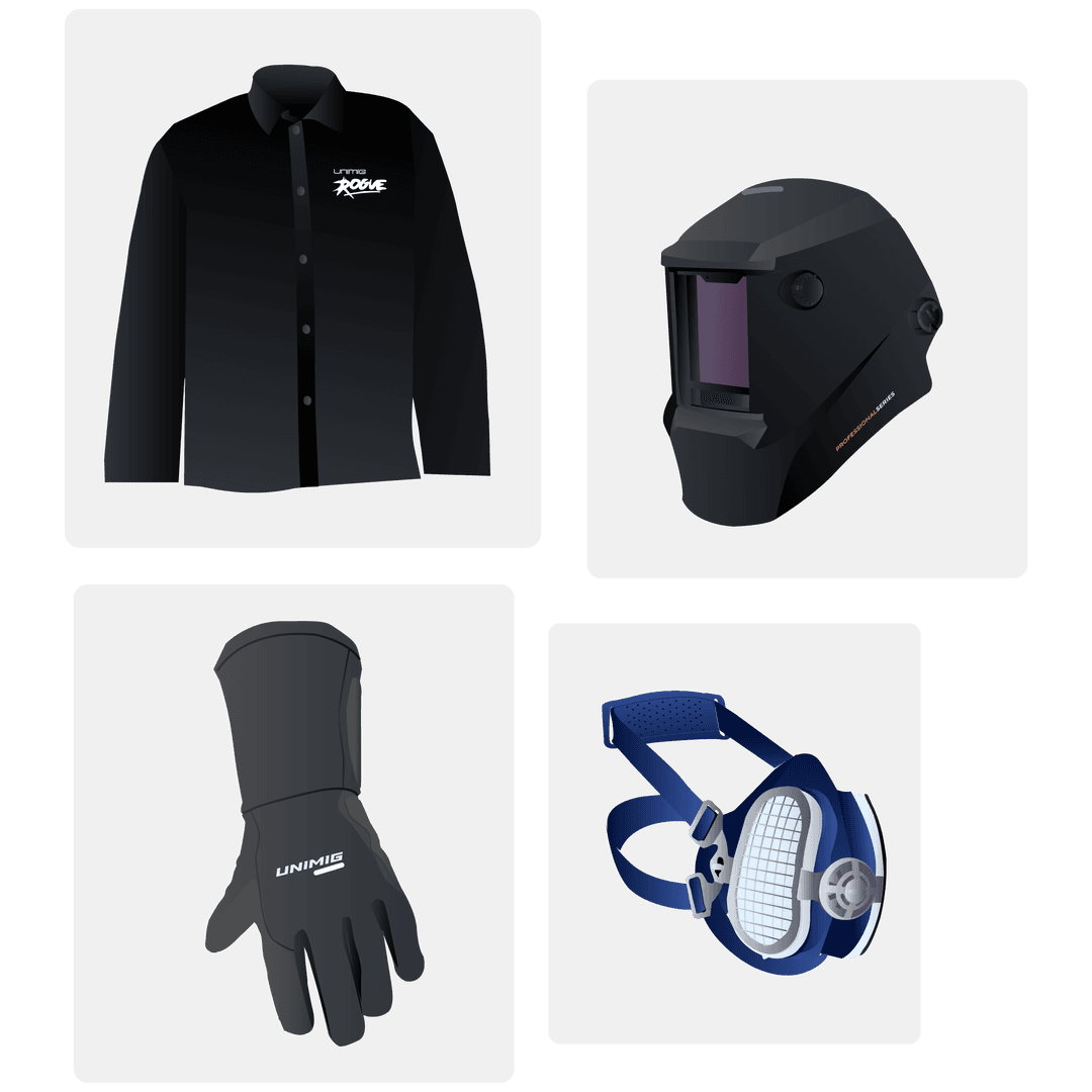 Safety gear grid with welding jacket, welding helmet, welding glove and respirator mask