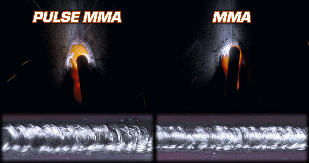 Comparison between stadard MMA and pulse MMA stick welds with welding shot and finished welds side by side
